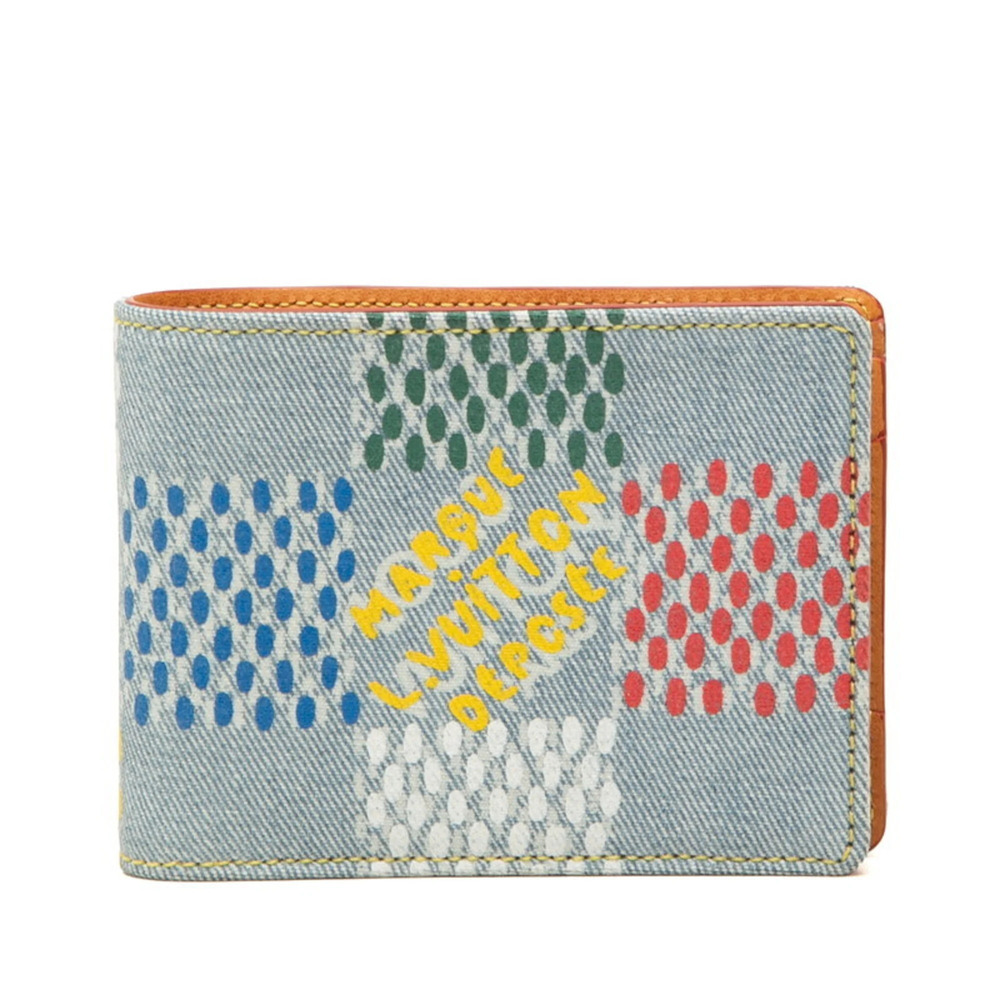 Louis Vuitton Damier Denim Portefeuille Multiple Bi-fold Wallet N00186 Blue M...